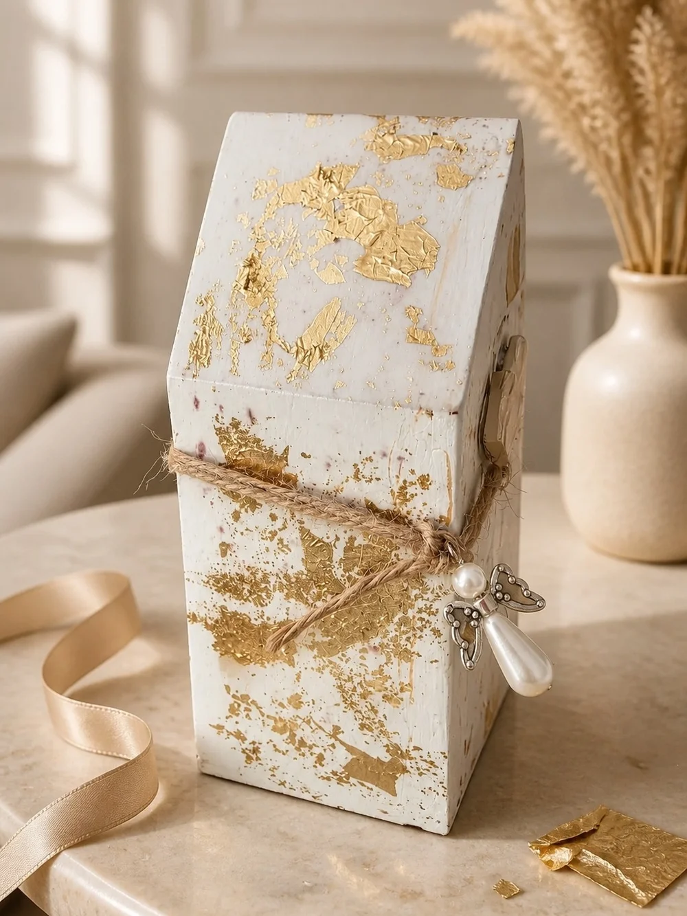 White and Gold Barn Tealight House Candle Holder
